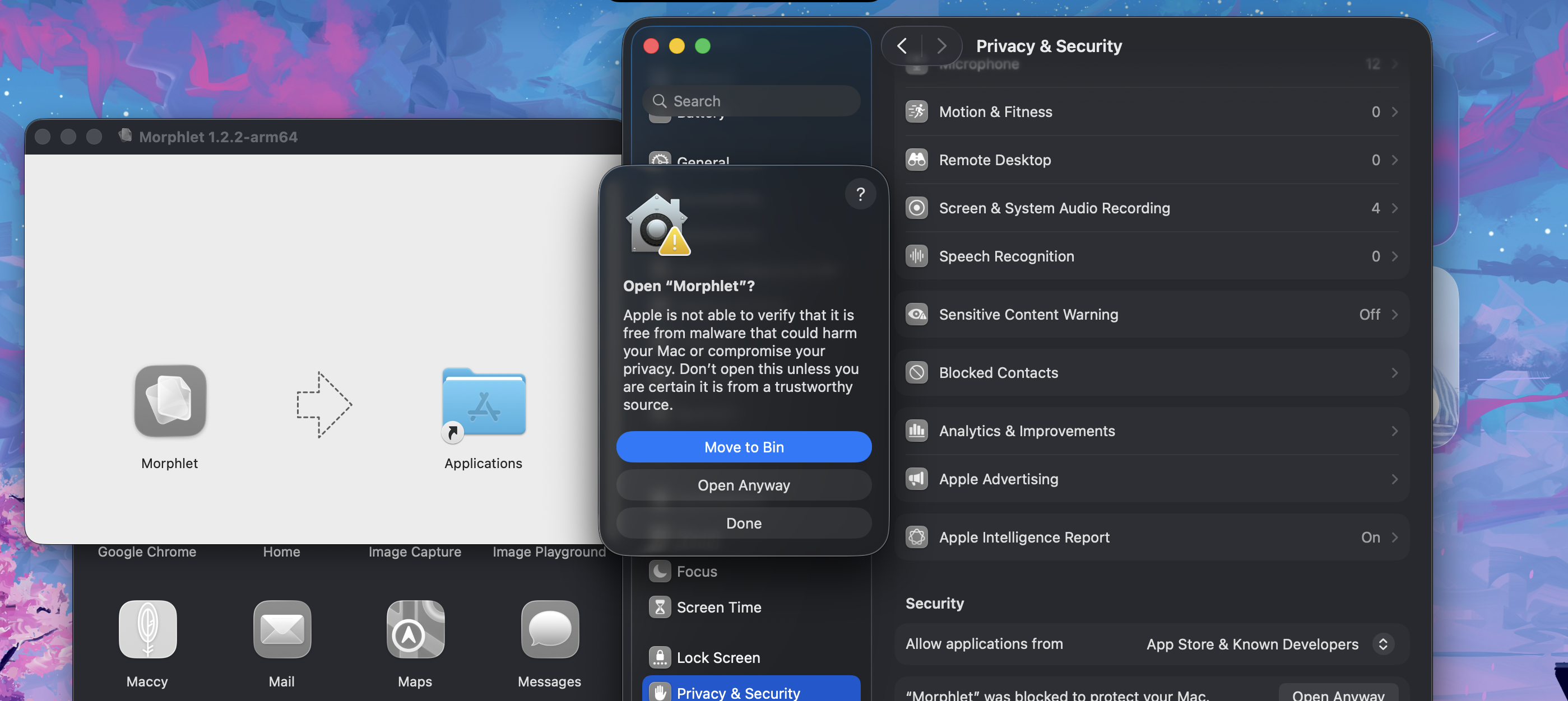 macOS Open Morphlet confirmation with an Open Anyway button