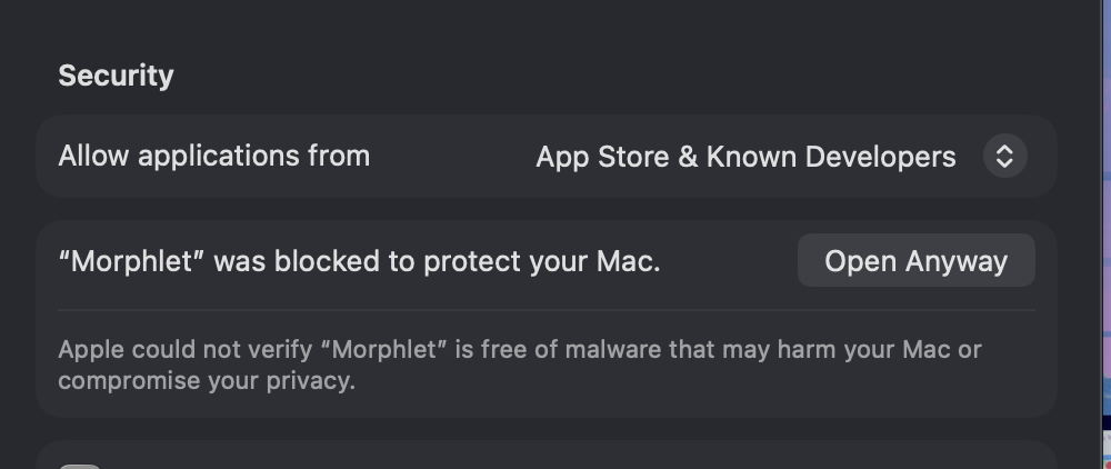 Close-up of the Morphlet Open Anyway button in macOS Security settings