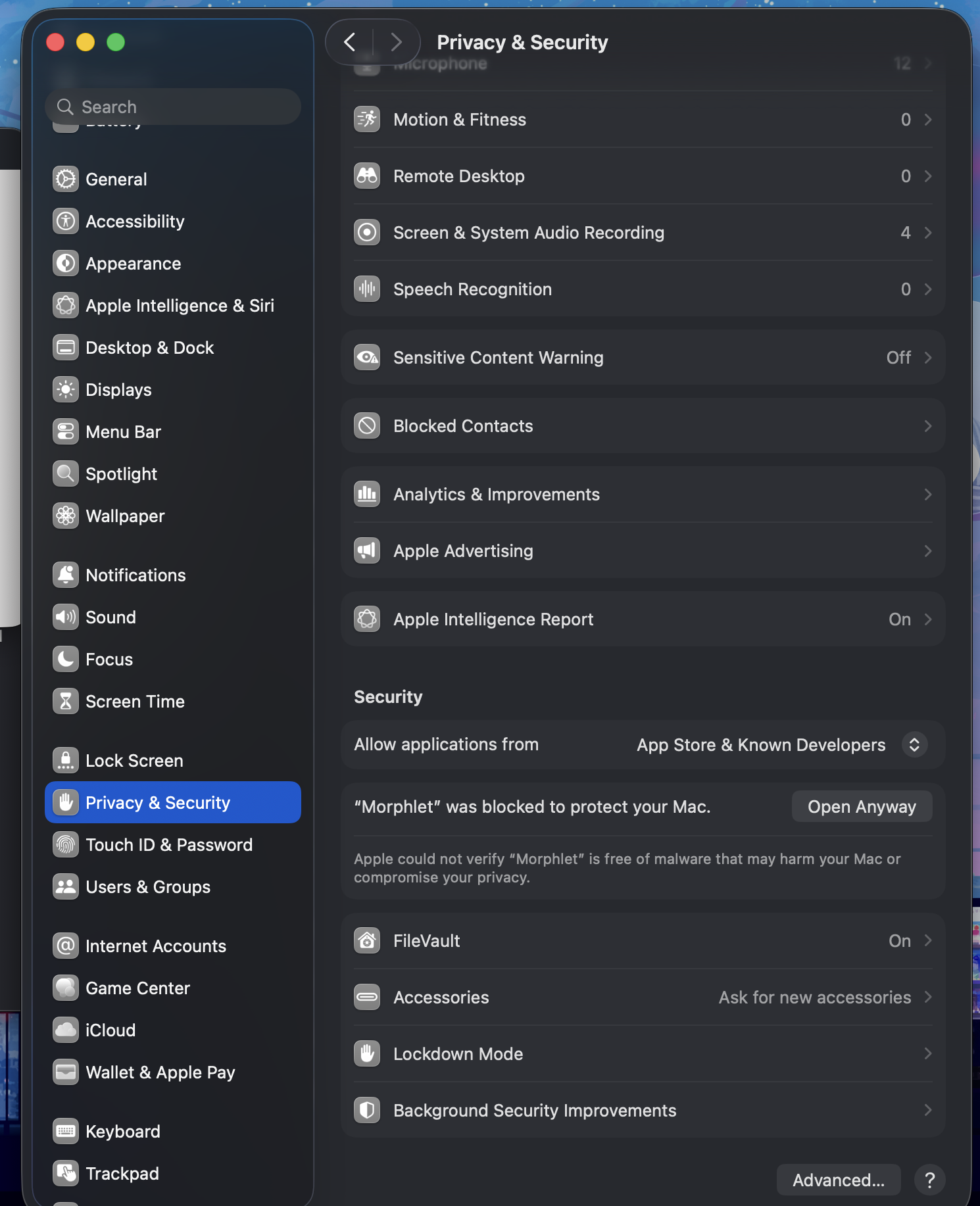 System Settings Privacy and Security showing Morphlet blocked with Open Anyway