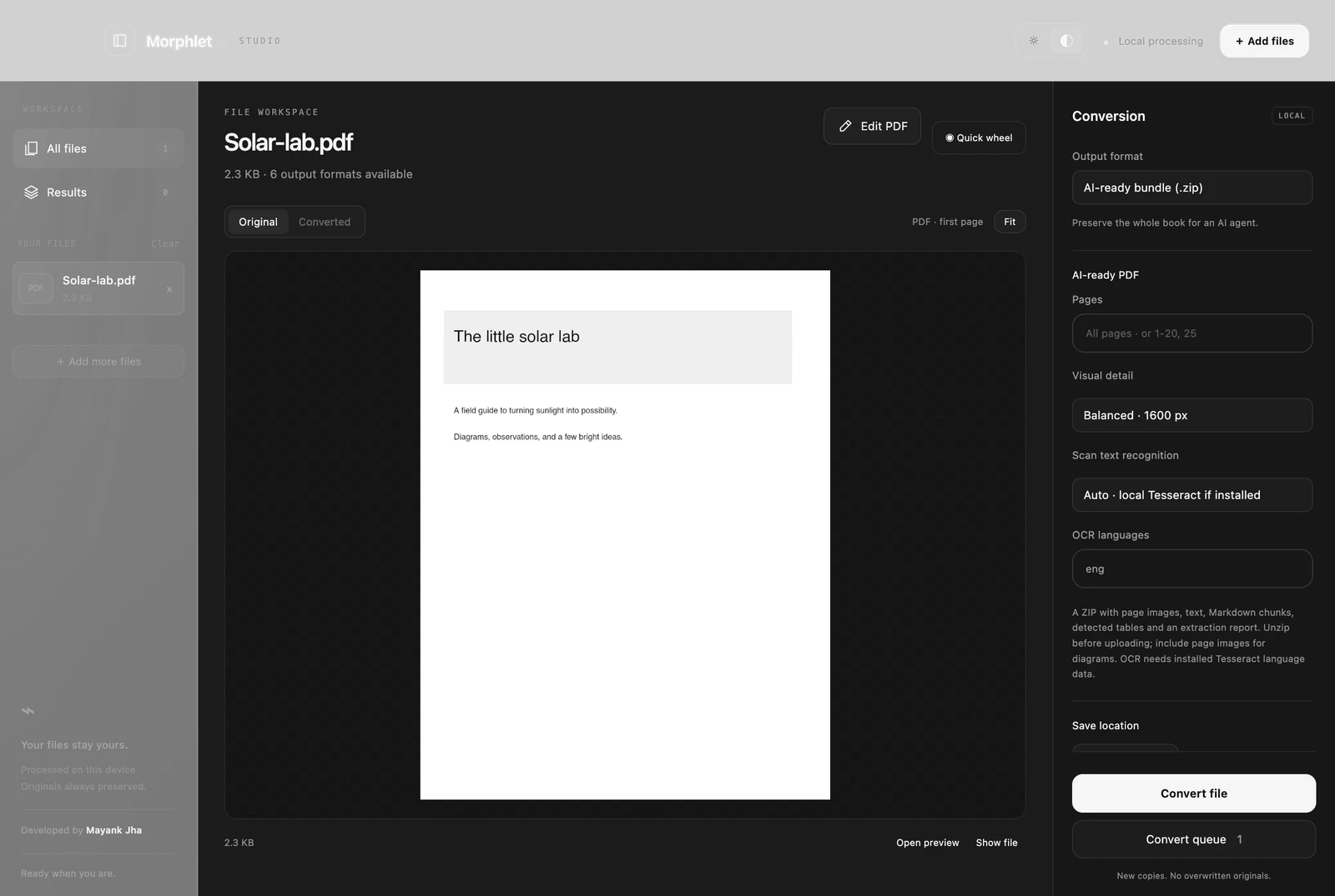 Morphlet Studio showing a PDF preview, file sidebar and local conversion settings